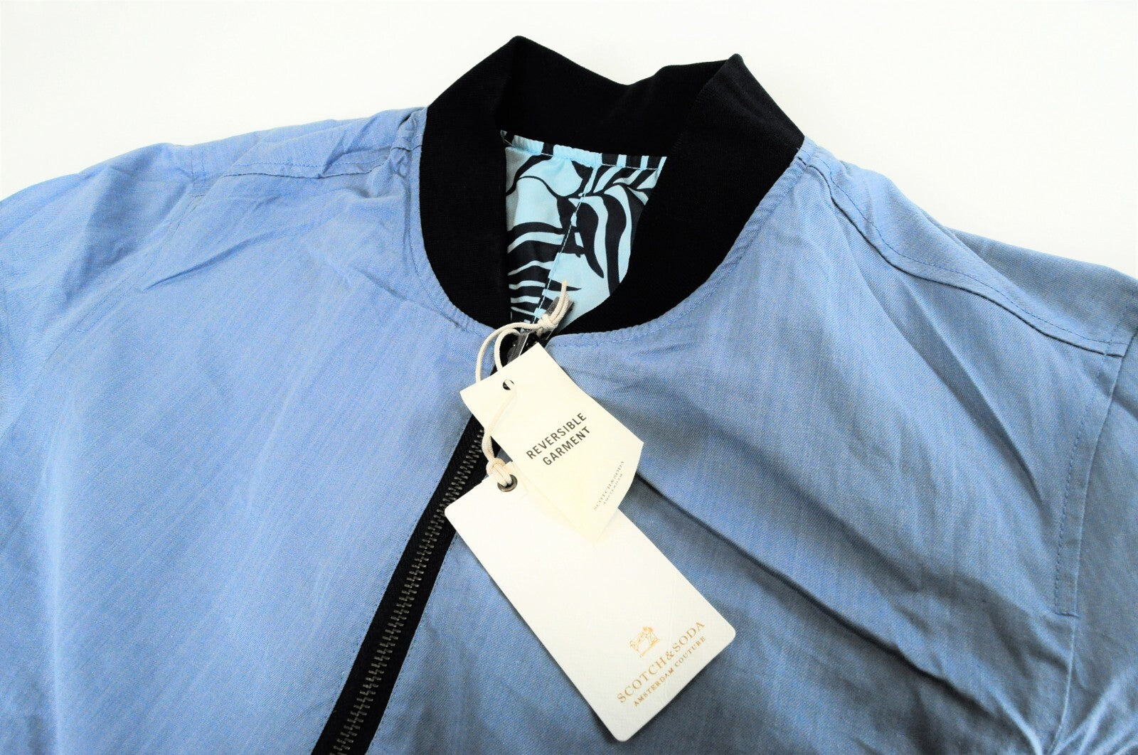 SCOTCH &amp; SODA vyriška XL dydžio dvipusė mėlyna turkio spalvos lininė bomber striukė su palmių raštu 