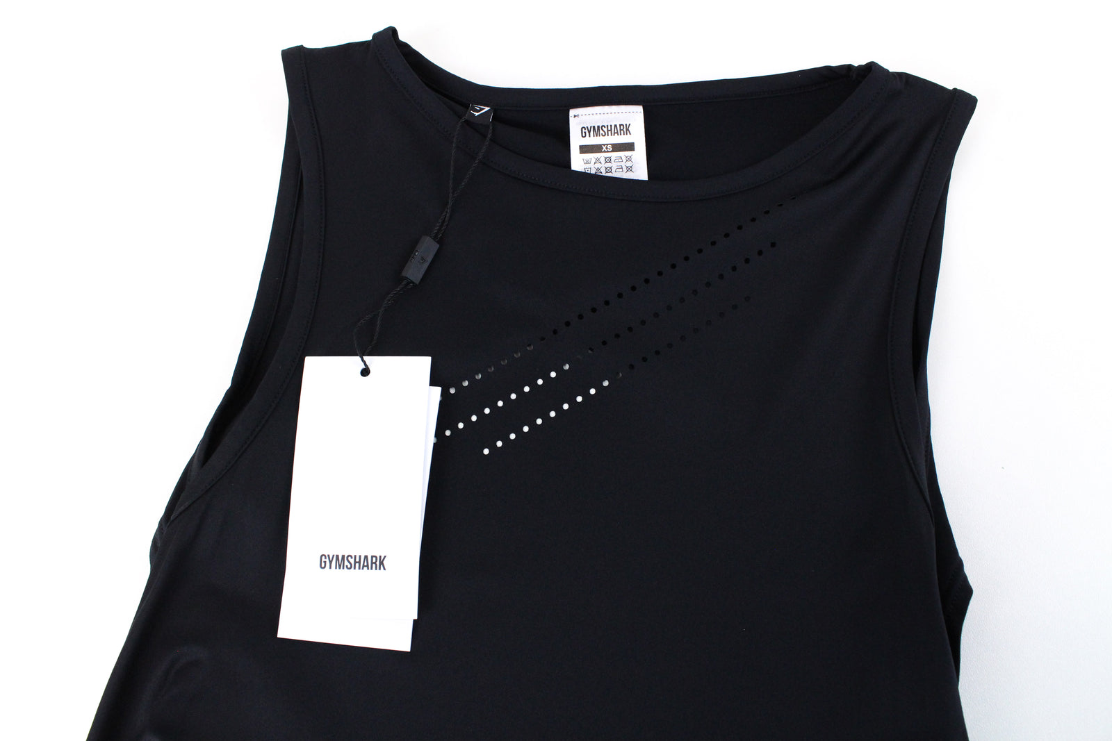 GYMSHARK moteriški sportiniai marškinėliai XS dydžio, lazeriu pjaustyti, kvėpuojantys, juodi, atviri, treniruočių marškinėliai. 