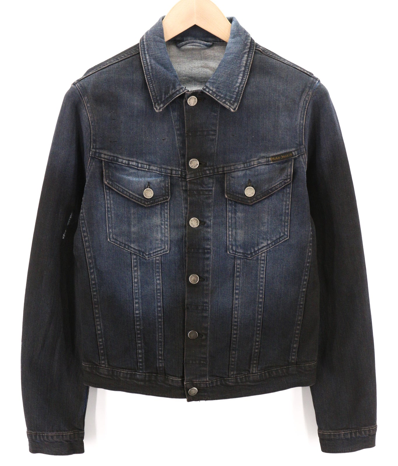 NUDIE JEANS Perry Men Jacket S Denim Organic Black On Blue Buttoned Spread Neck