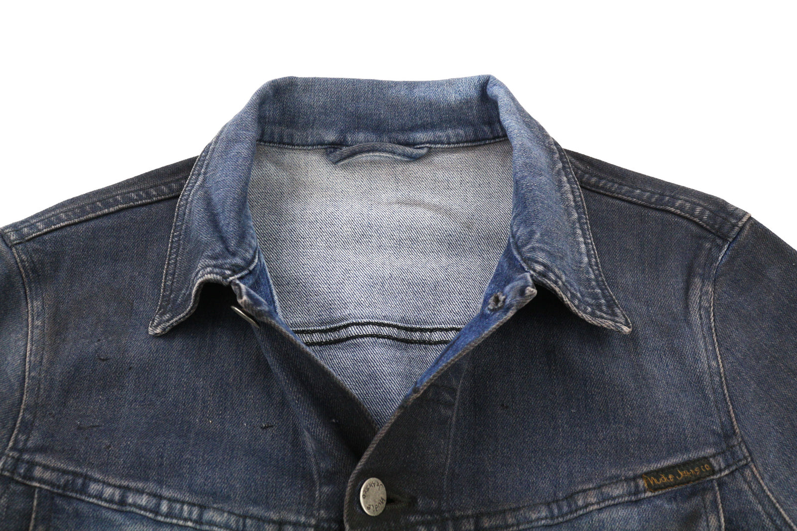 NUDIE JEANS Perry Men Jacket S Denim Organic Black On Blue Buttoned Spread Neck