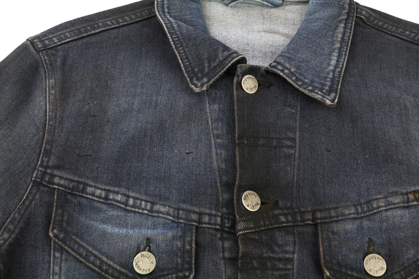 NUDIE JEANS Perry Men Jacket S Denim Organic Black On Blue Buttoned Spread Neck