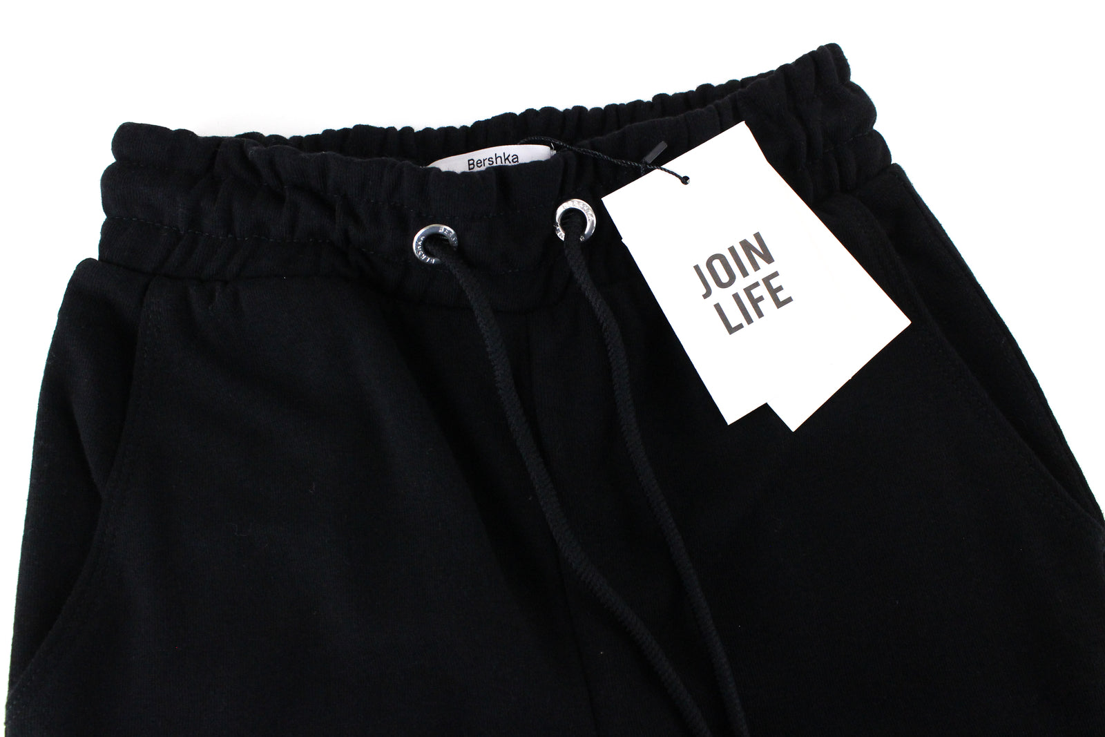 BERSHKA moteriškos sportinės kelnės XS, juodos, raišteliais surištos medvilnės mišinio kelnės, užtraukiamos 