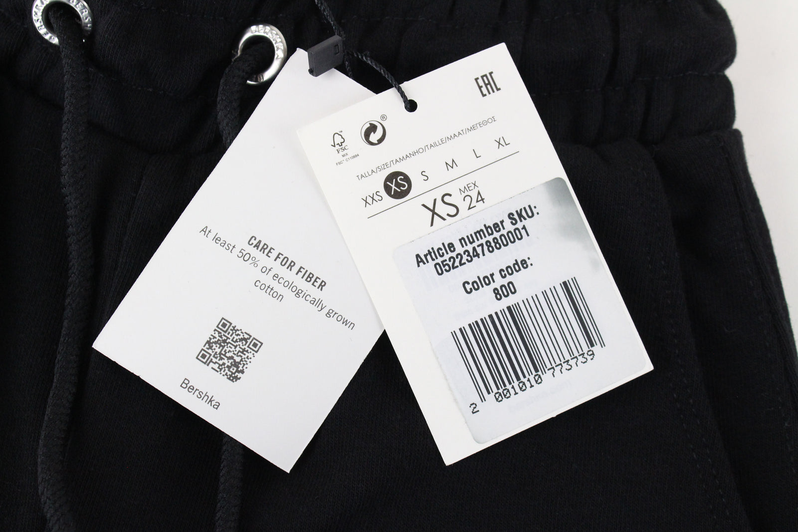 BERSHKA moteriškos sportinės kelnės XS, juodos, raišteliais surištos medvilnės mišinio kelnės, užtraukiamos 