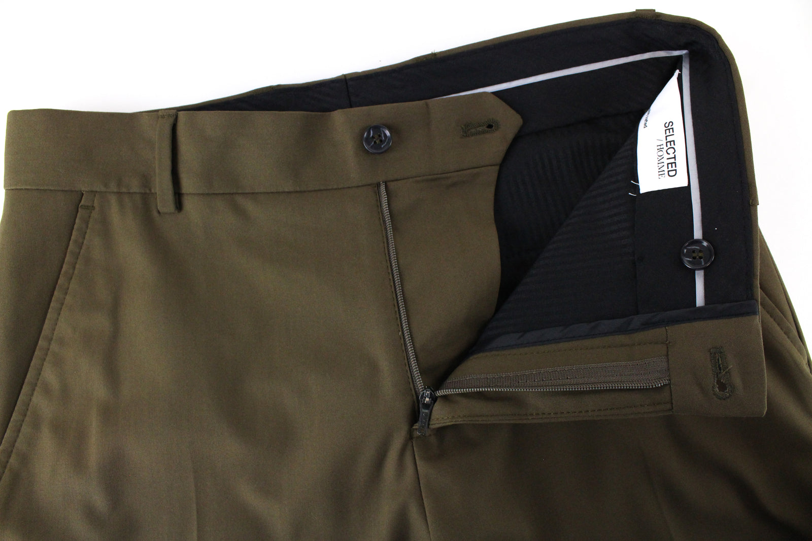 SELECTED Men Trousers UK26R Green Pleated Stretch Slit Pocket Classic