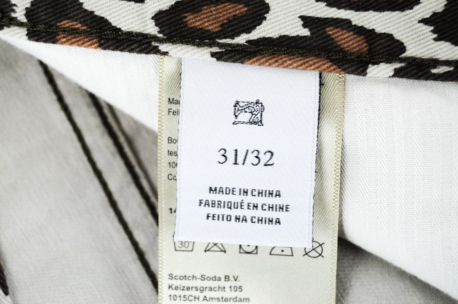 MAISON SCOTCH moteriški džinsai W31/L32 gepardo rašto siaurėjantys medvilniniai banditiški rudi 