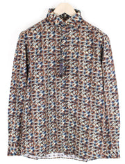 STATE OF ART Men Shirt S Brown Blue Cotton Stretch Long Sleeved Collar Patterned