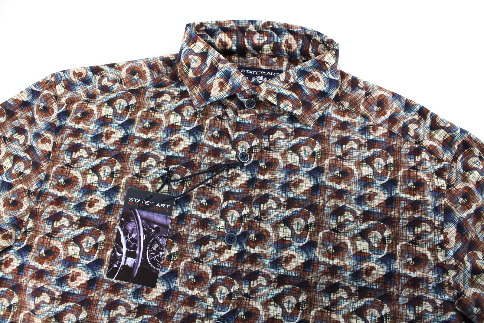 STATE OF ART Men Shirt S Brown Blue Cotton Stretch Long Sleeved Collar Patterned