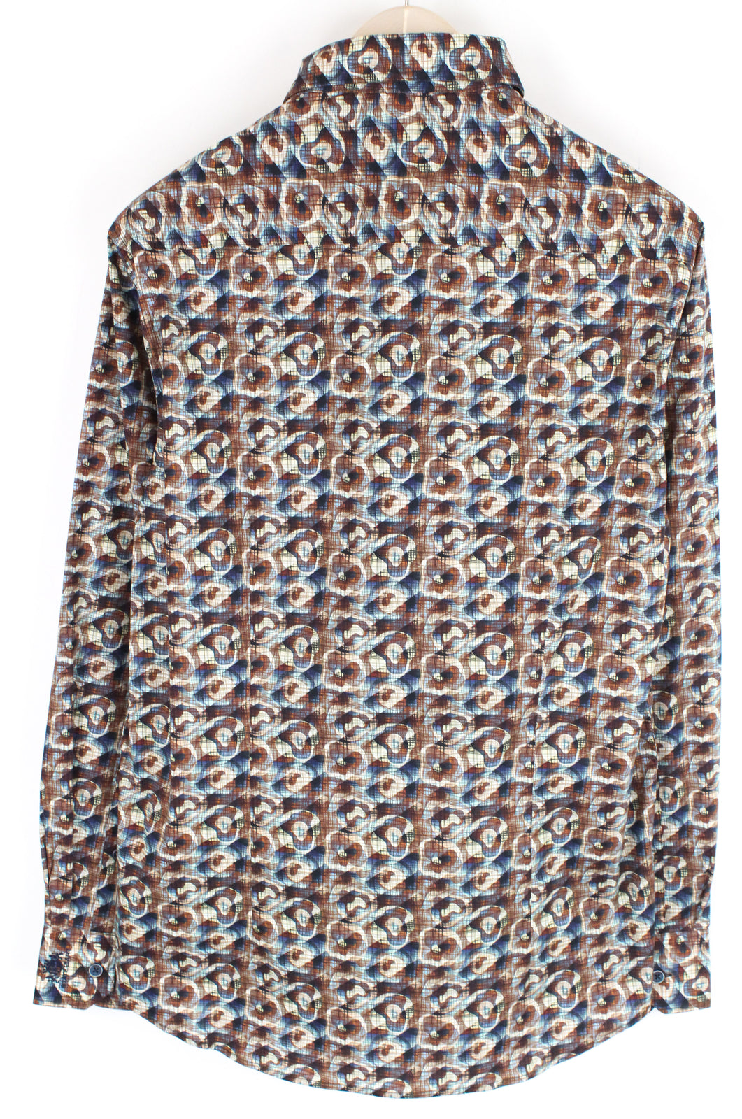 STATE OF ART Men Shirt S Brown Blue Cotton Stretch Long Sleeved Collar Patterned