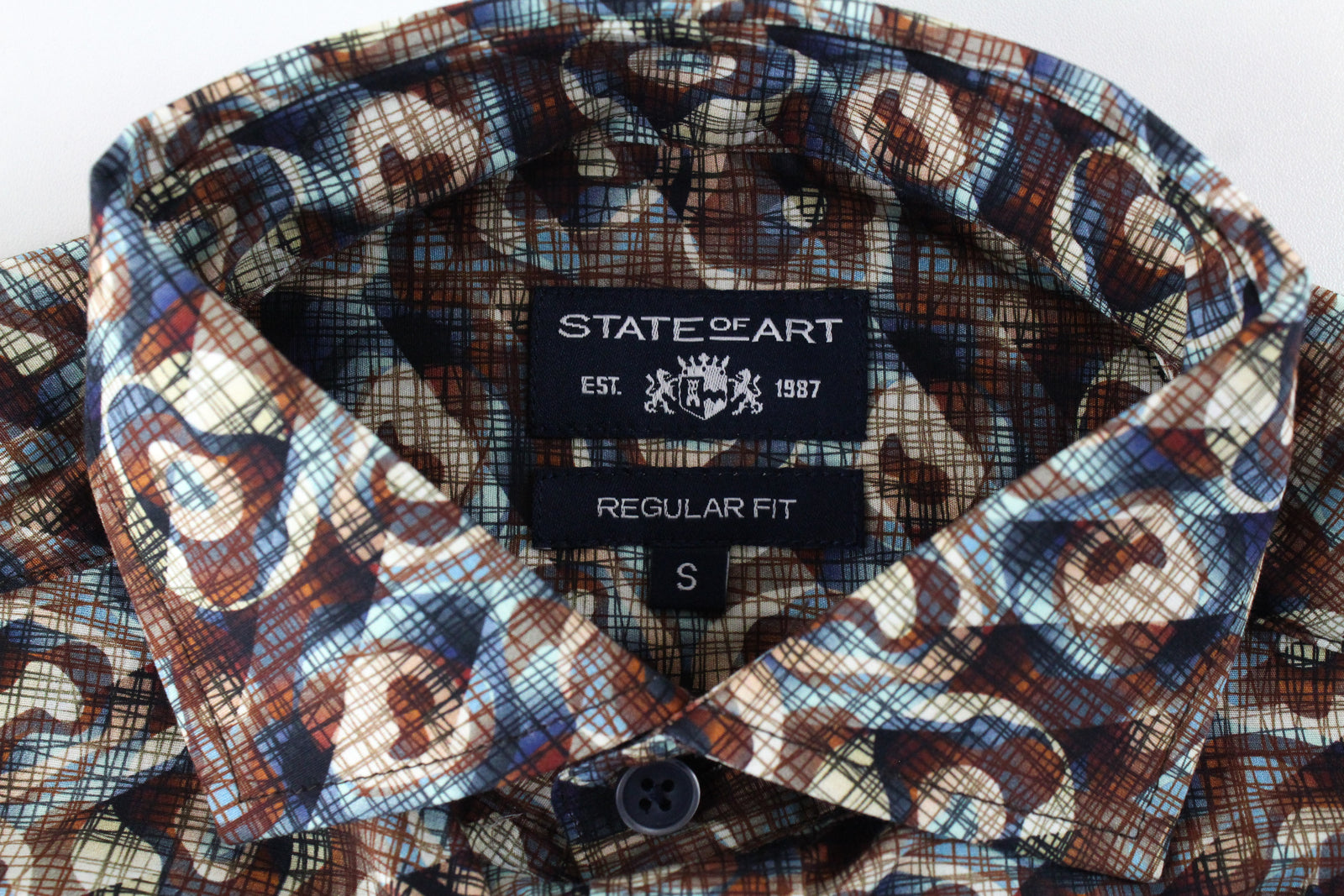 STATE OF ART Men Shirt S Brown Blue Cotton Stretch Long Sleeved Collar Patterned