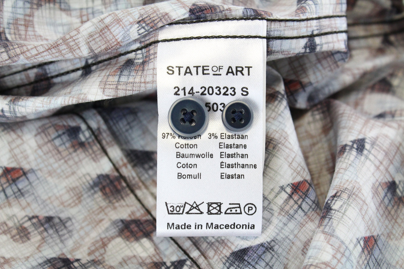 STATE OF ART Men Shirt S Brown Blue Cotton Stretch Long Sleeved Collar Patterned