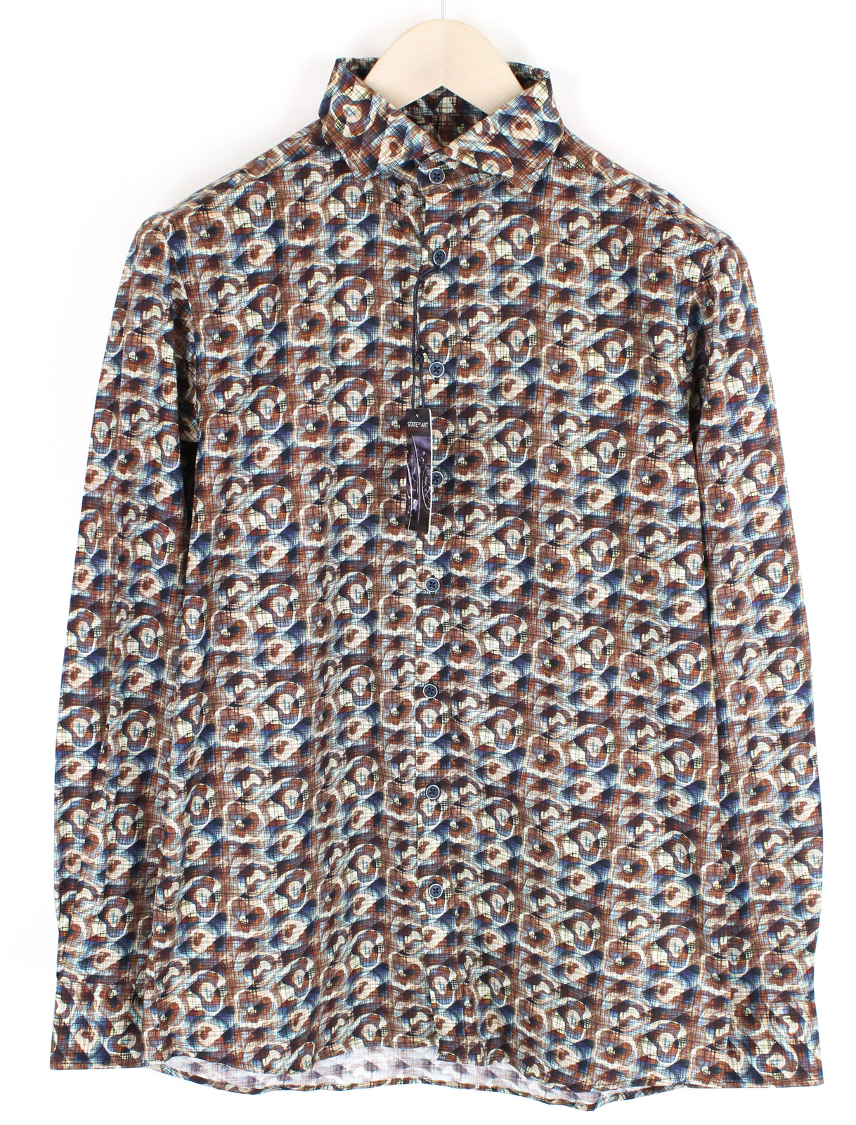 „STATE OF ART“ vyriški marškinėliai S dydžio, rudi, mėlyni, tamprūs medvilniniai marškinėliai ilgomis rankovėmis, raštuotas apykaklė* 