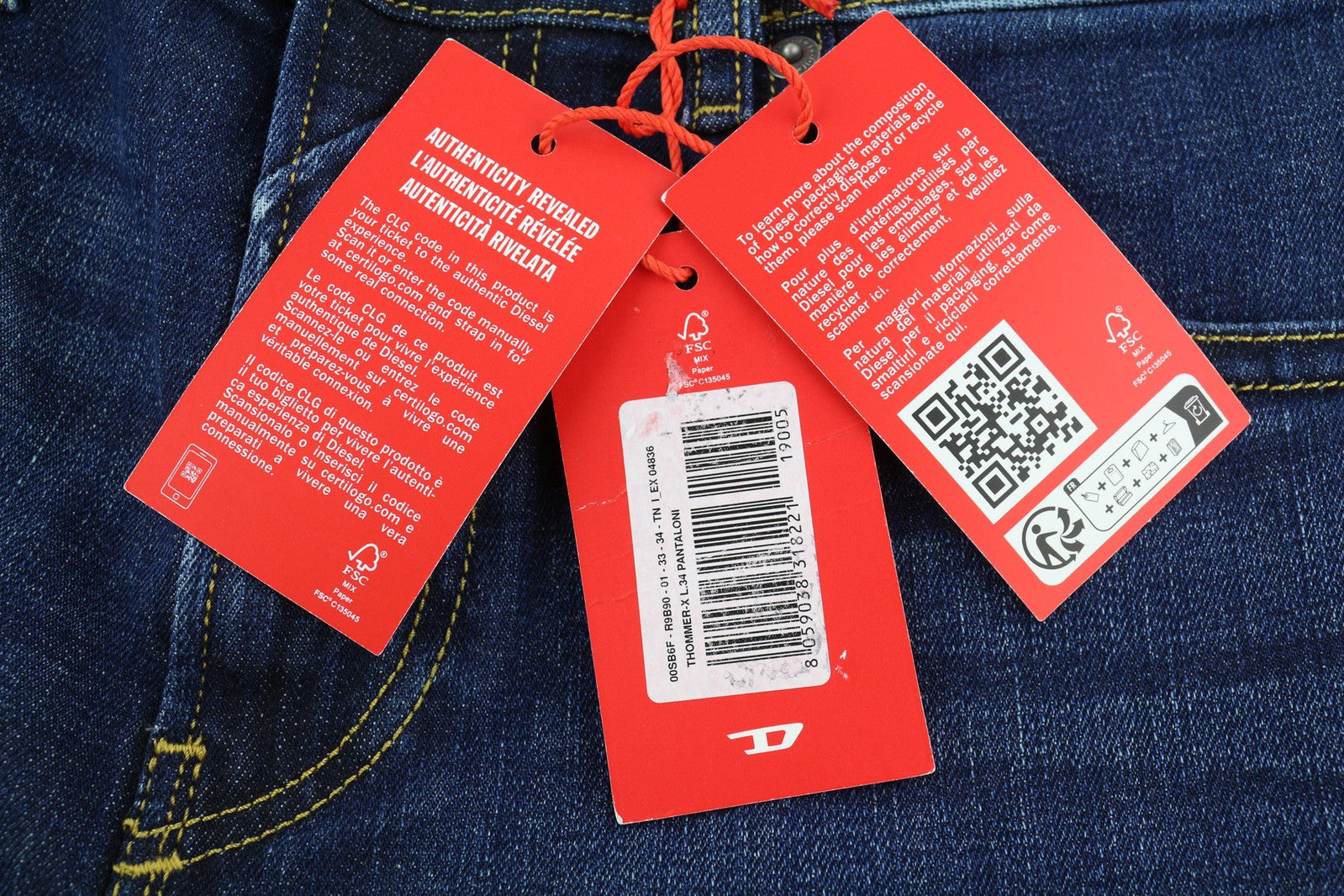 DIESEL Thommer-X R9B90 vyriški džinsai W33/L34 Slim žemo juosmens, rekomenduojama kaina – 160 €, mėlyni 