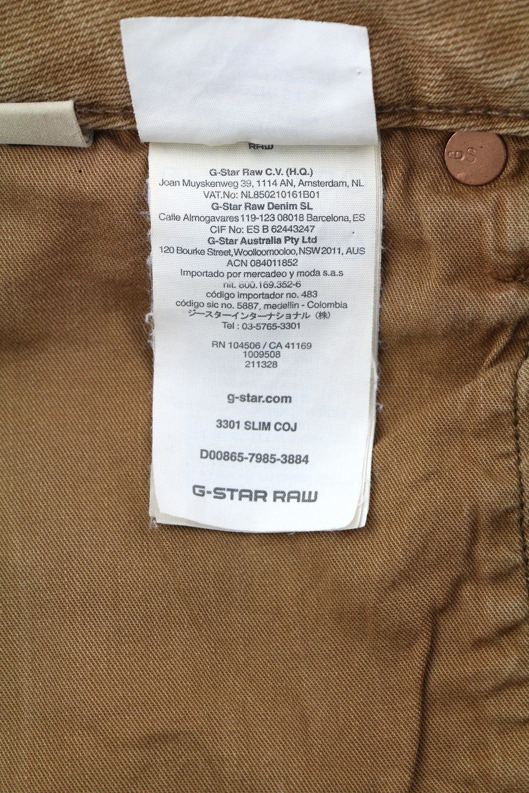 G-STAR 3301 Slim Coj Men Jeans W29/L34 Denim Brown Button Fly Logo 5-Pockets