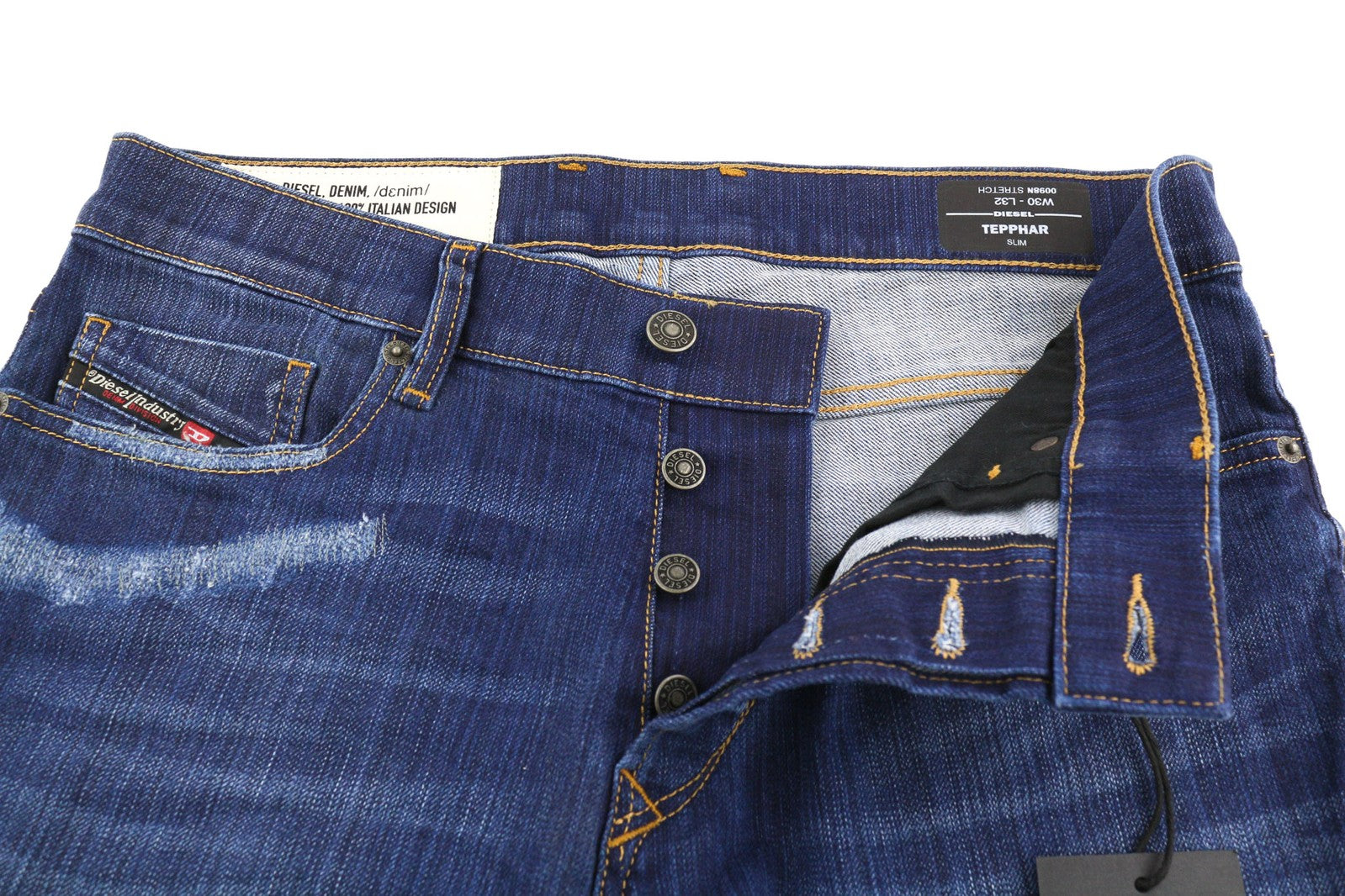 DIESEL Tepphar 0098N vyriški džinsai W30/L32 Slim Fit, tamprūs, plėšyti, mėlyni, RRP200