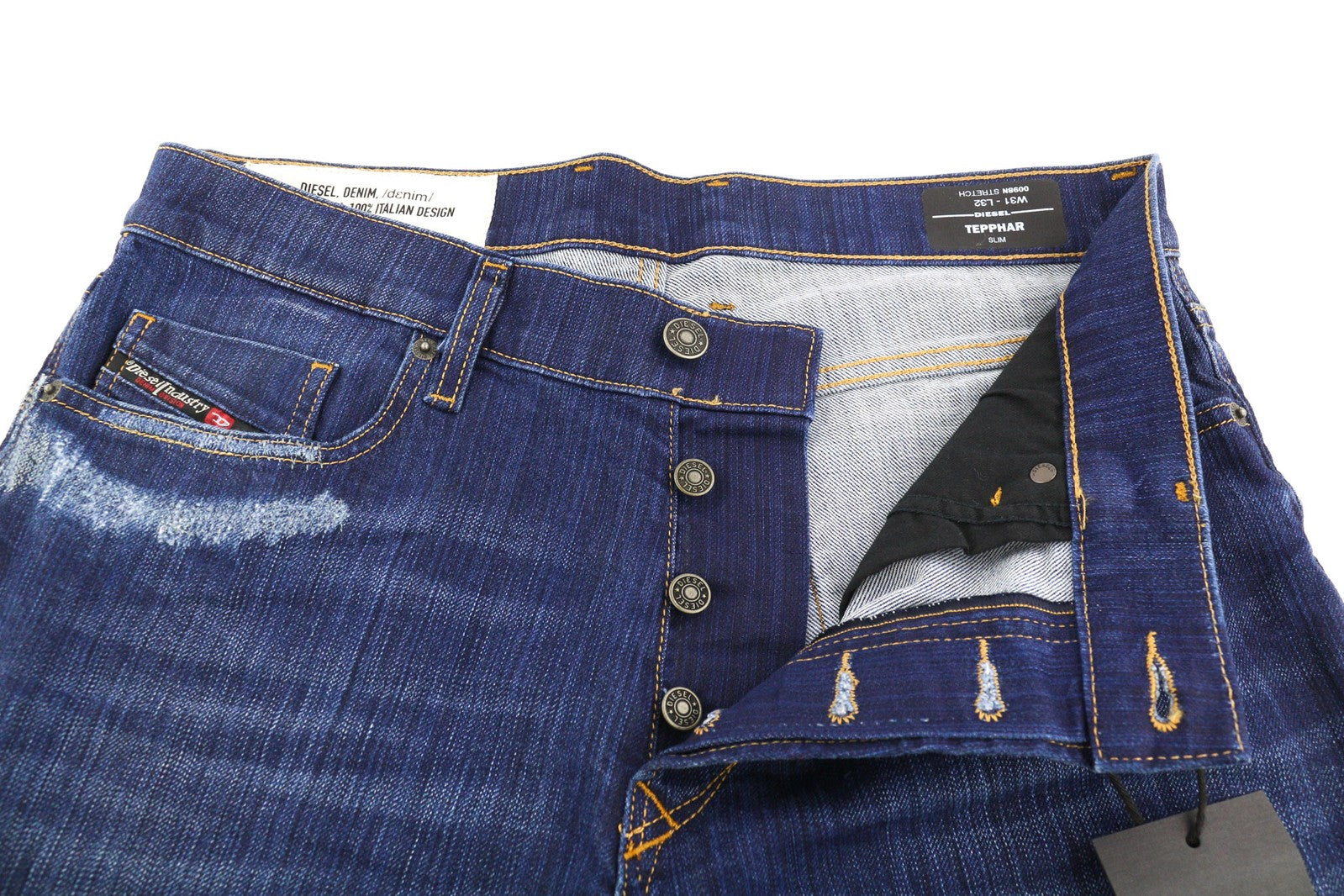 DIESEL Tepphar 0098N vyriški džinsai W31/L32 Slim Fit, tamprūs, plėšyti, mėlyni, RRP 200 € 