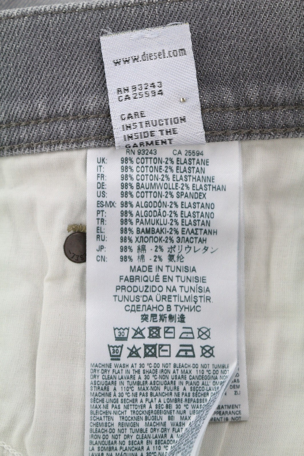 DIESEL Tepphar R39N8 vyriški džinsai W32/L34 Slim Carrot Fit tamprūs skalbto pilko džinso imitacijos džinsai 