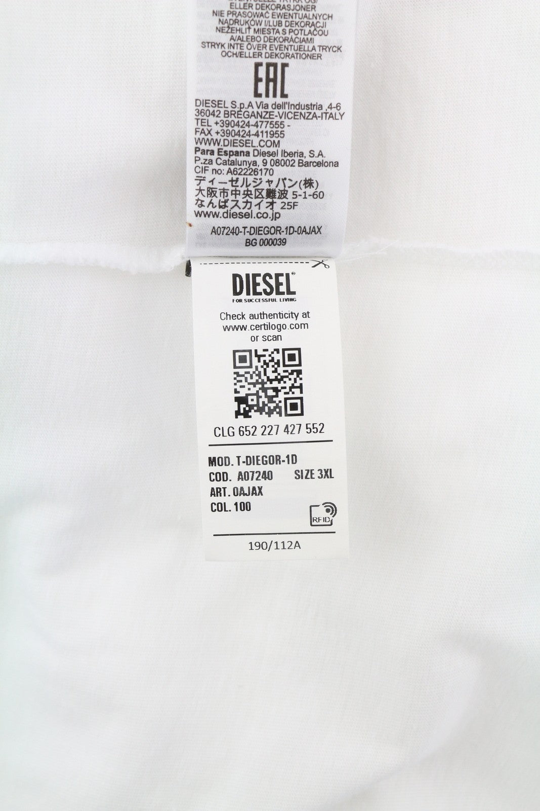 DIESEL T-Diegor-1D vyriški marškinėliai, balti, trumpomis rankovėmis, su apvalia apykakle ir logotipu, trikotažas. 3XL dydis. 