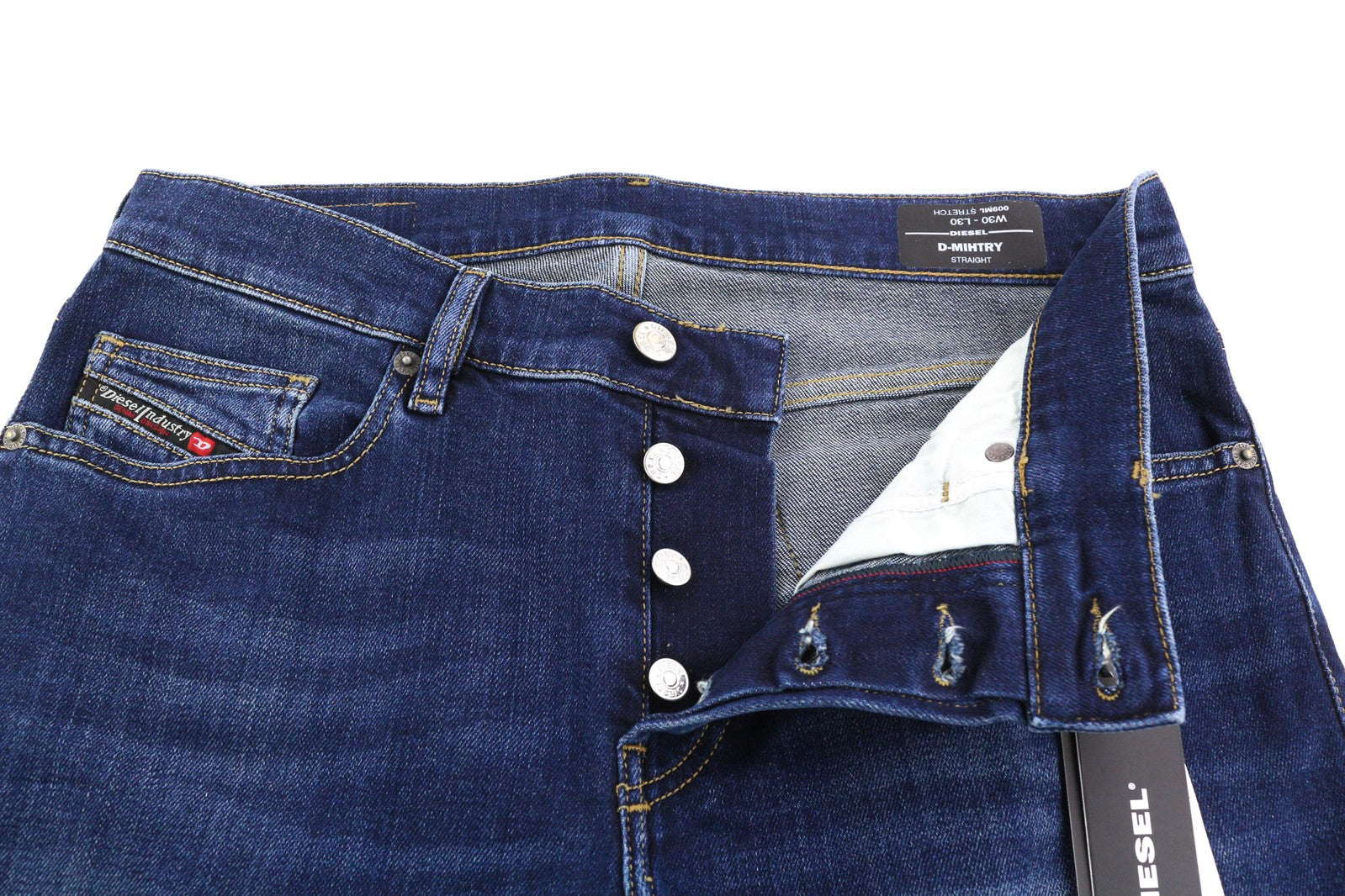 DIESEL D-Mihtry 009ML vyriški džinsai W30/L30 tiesaus kirpimo, tamprūs, skalbto mėlyno logotipo imitacija 