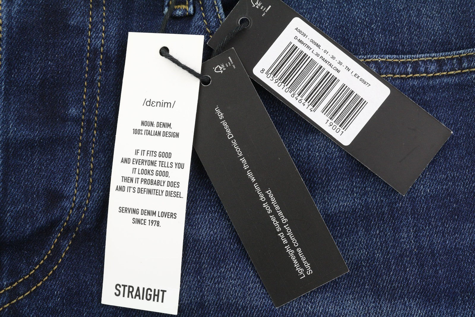 DIESEL D-Mihtry 009ML vyriški džinsai W30/L30 tiesaus kirpimo, tamprūs, skalbto mėlyno logotipo imitacija 