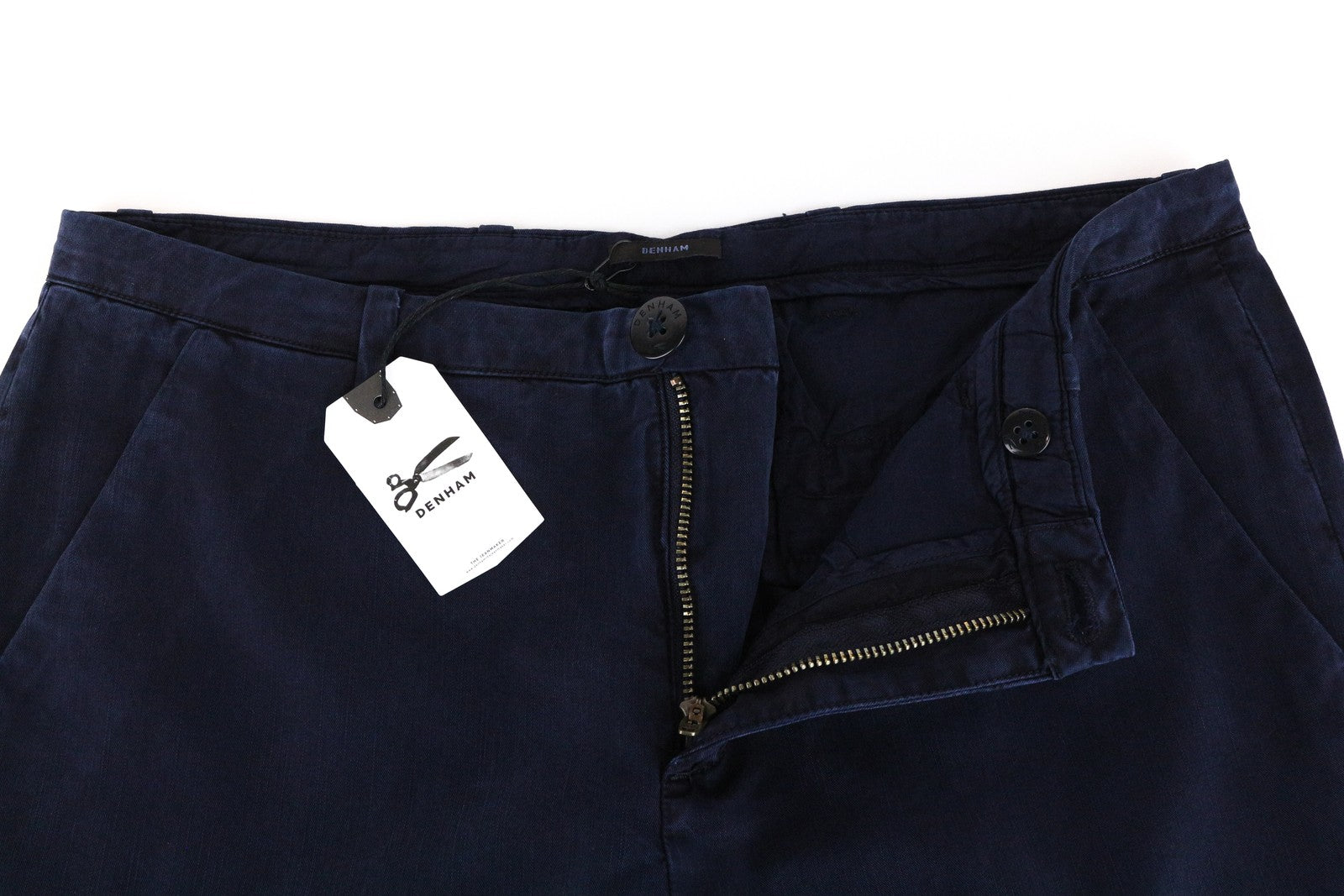 DENHAM Ocean moteriškos S dydžio kelnės, tamsiai mėlynos, lengvos, klasikinės medvilnės mišinio chino kelnės 