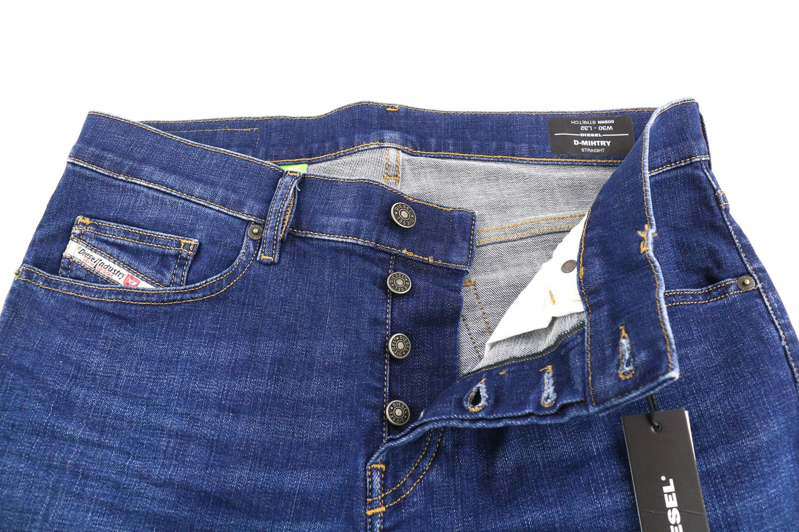DIESEL D-Mihtry 009NN vyriški džinsai W30/L32 tiesaus kirpimo, tamprūs, skalbto mėlyno logotipo imitacija 