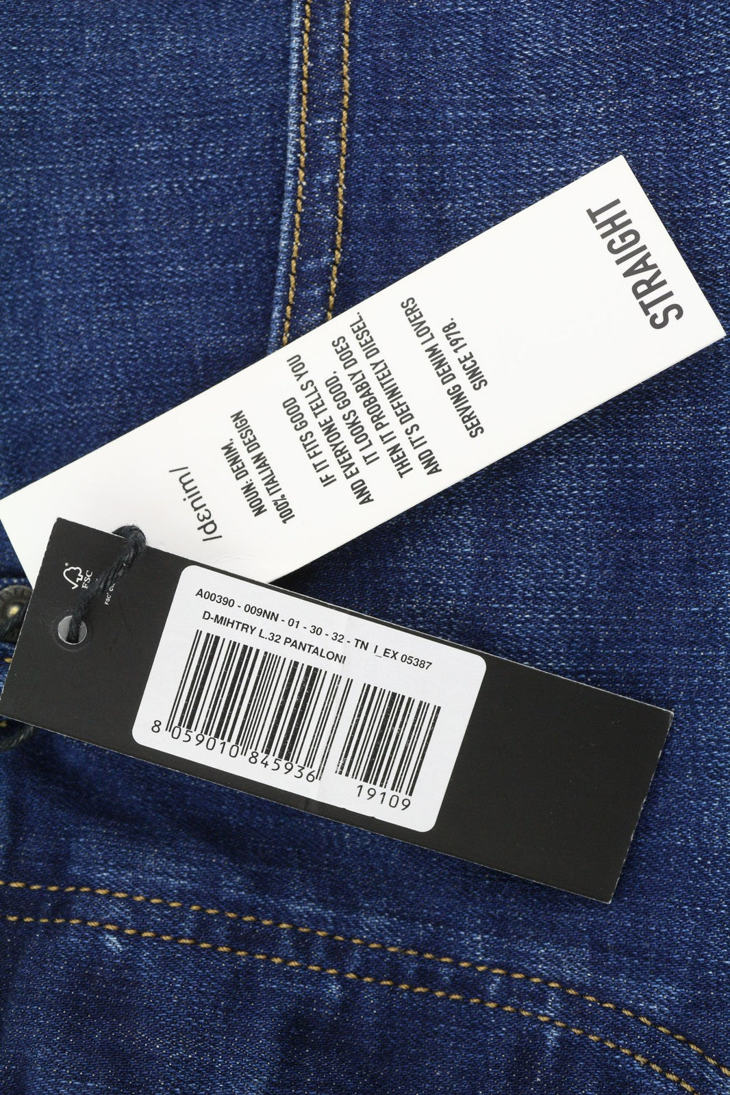 DIESEL D-Mihtry 009NN vyriški džinsai W30/L32 tiesaus kirpimo, tamprūs, skalbto mėlyno logotipo imitacija 