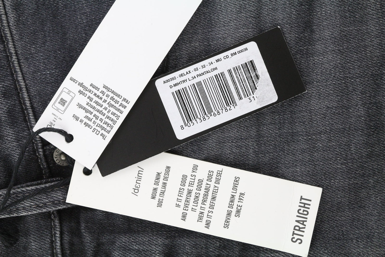 DIESEL D-Mihtry 0ELAX vyriški džinsai W32/L34 tiesaus kirpimo, rekomenduojama kaina – 220 €, skalbtos juodos spalvos. 