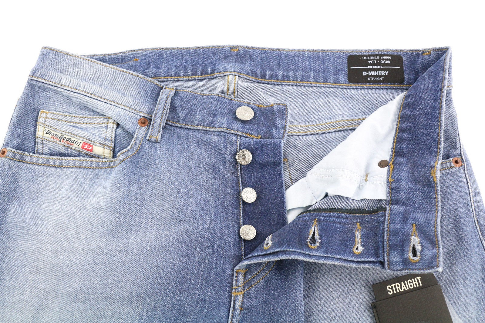 DIESEL D-Mihtry 009NF vyriški džinsai W30/L34 tiesaus kirpimo, tamprūs, skalbti, su sagomis 