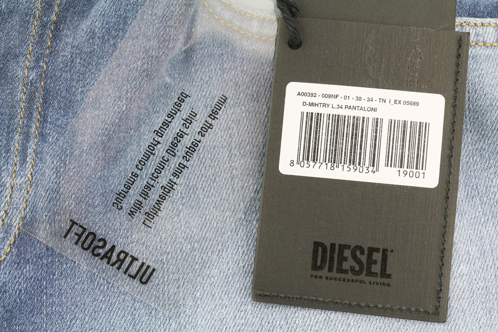 DIESEL D-Mihtry 009NF vyriški džinsai W30/L34 tiesaus kirpimo, tamprūs, skalbti, su sagomis 