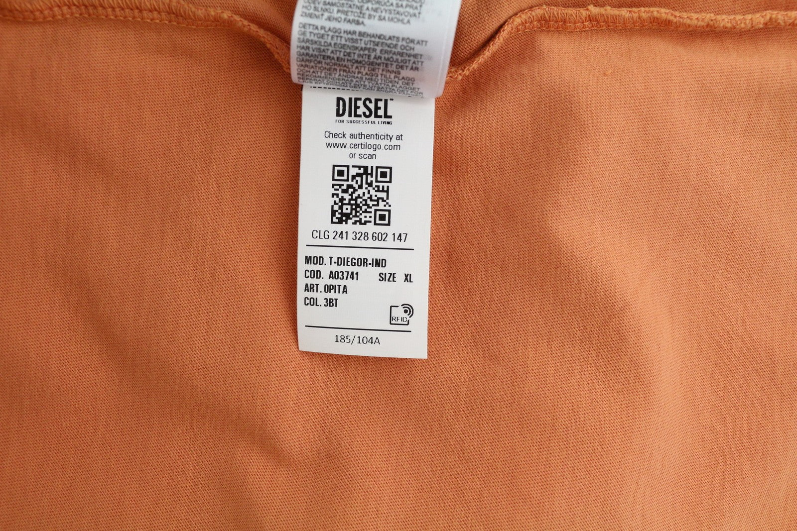 DIESEL T-Diegor-Ind Men T-Shirt XL Orange Short Sleeved Crew Collar Logo Tricot