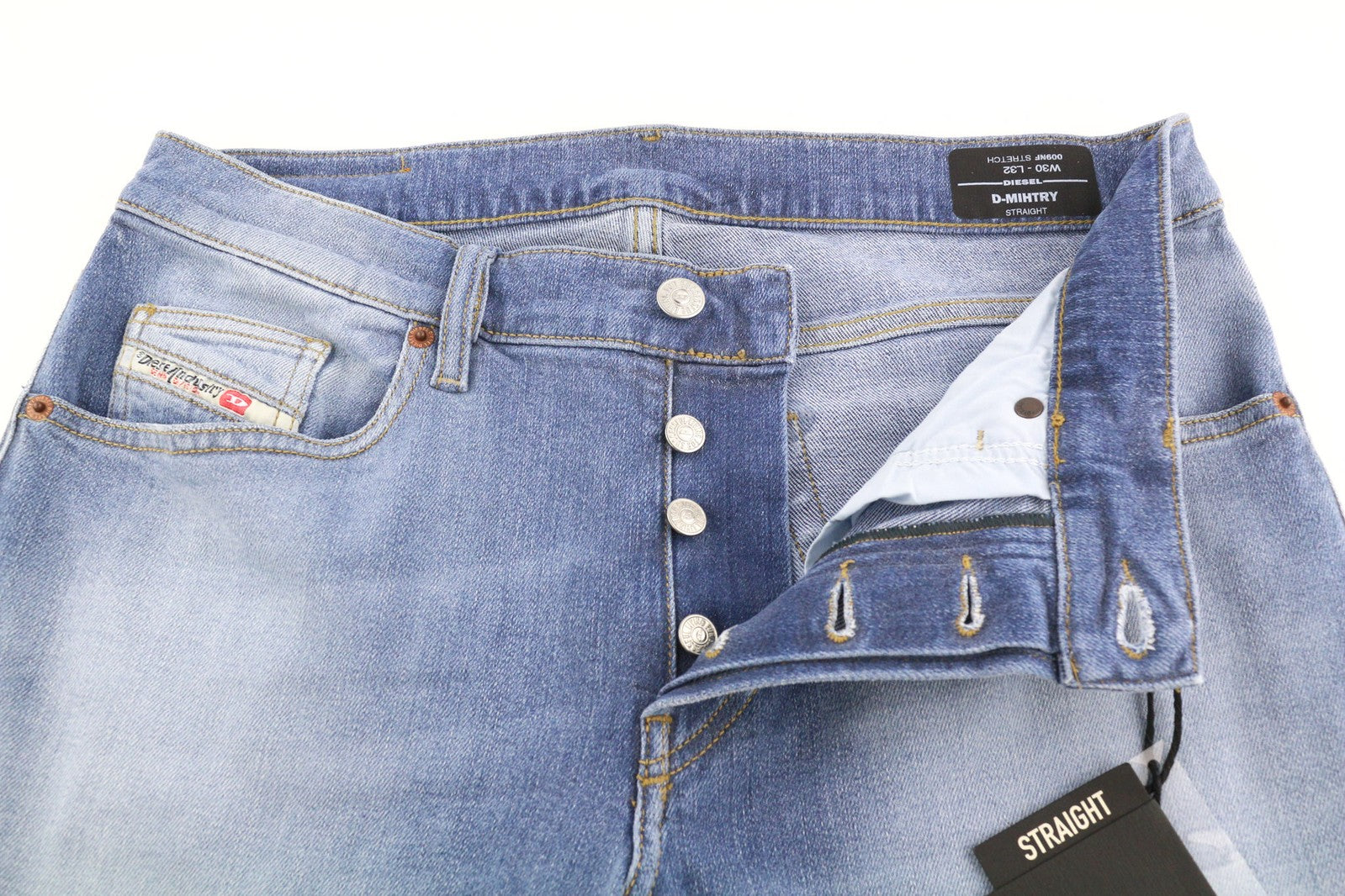 DIESEL D-Mihtry 009NF vyriški džinsai W30/L32 tiesaus kirpimo, tamprūs, skalbti, su sagomis 