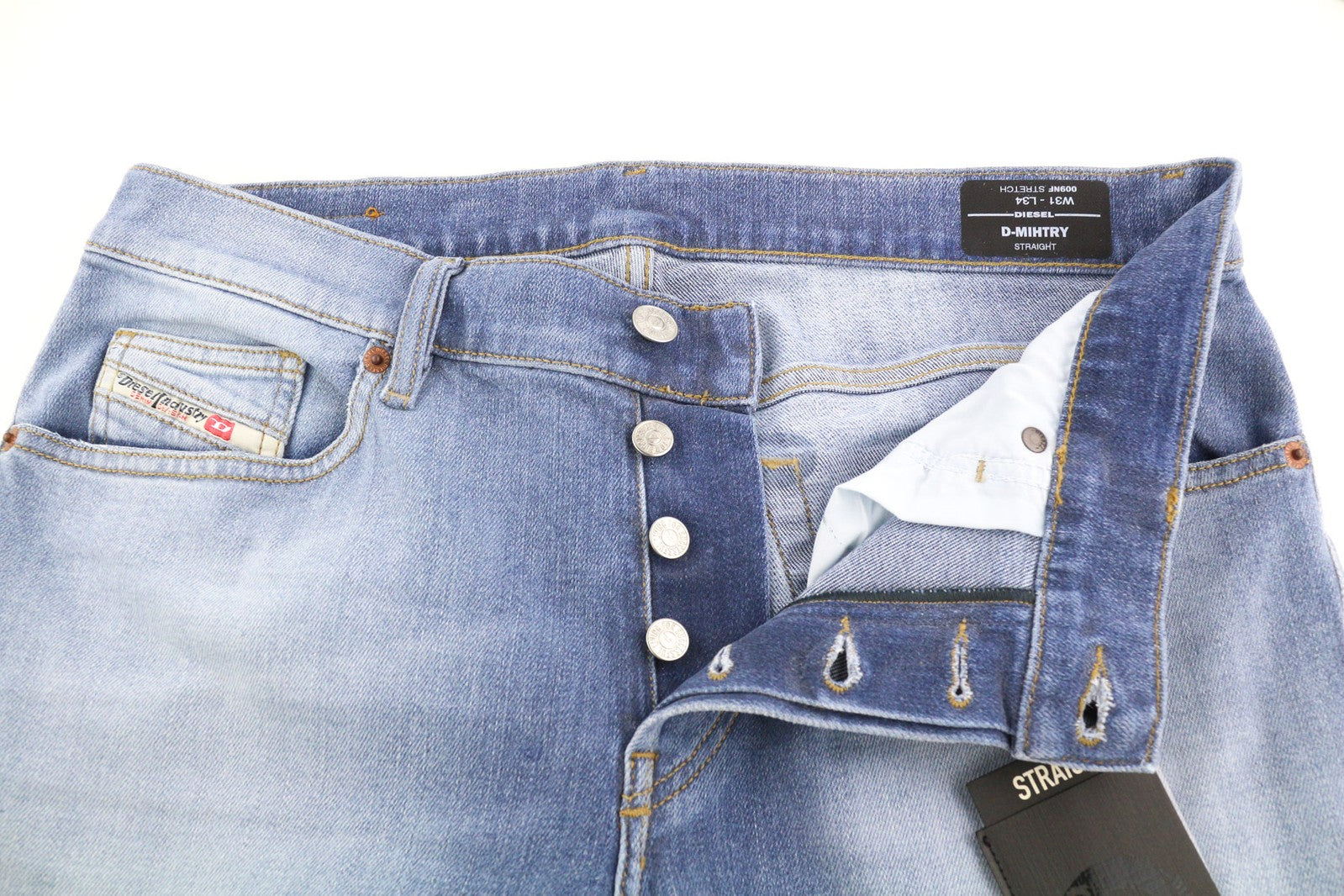 DIESEL D-Mihtry 009NF vyriški džinsai W31/L34 tiesaus kirpimo, tamprūs, skalbti, su sagomis 