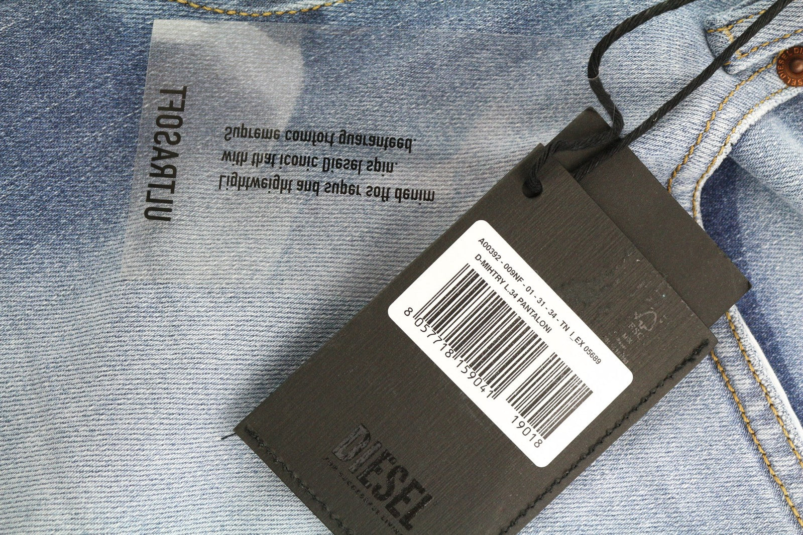 DIESEL D-Mihtry 009NF vyriški džinsai W31/L34 tiesaus kirpimo, tamprūs, skalbti, su sagomis 