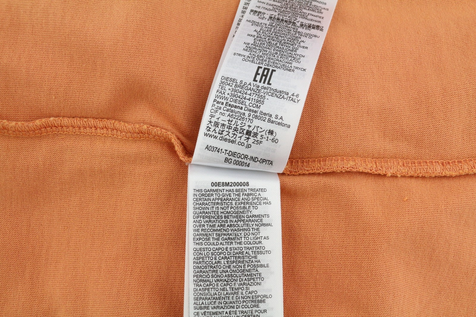 DIESEL T-Diegor-Ind Men T-Shirt L Orange Short Sleeved Crew Collar Logo Tricot