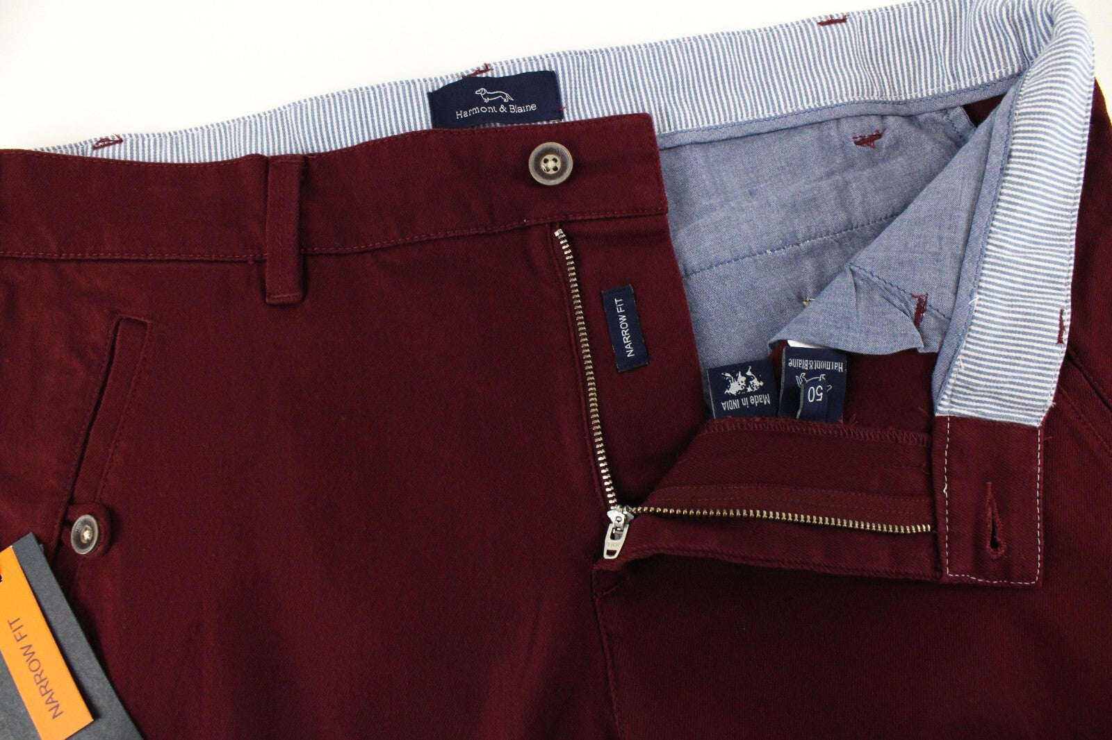 HARMONT & BLAINE Men Trousers 50 Narrow Fit Cotton Stretch Red Zipped Casual