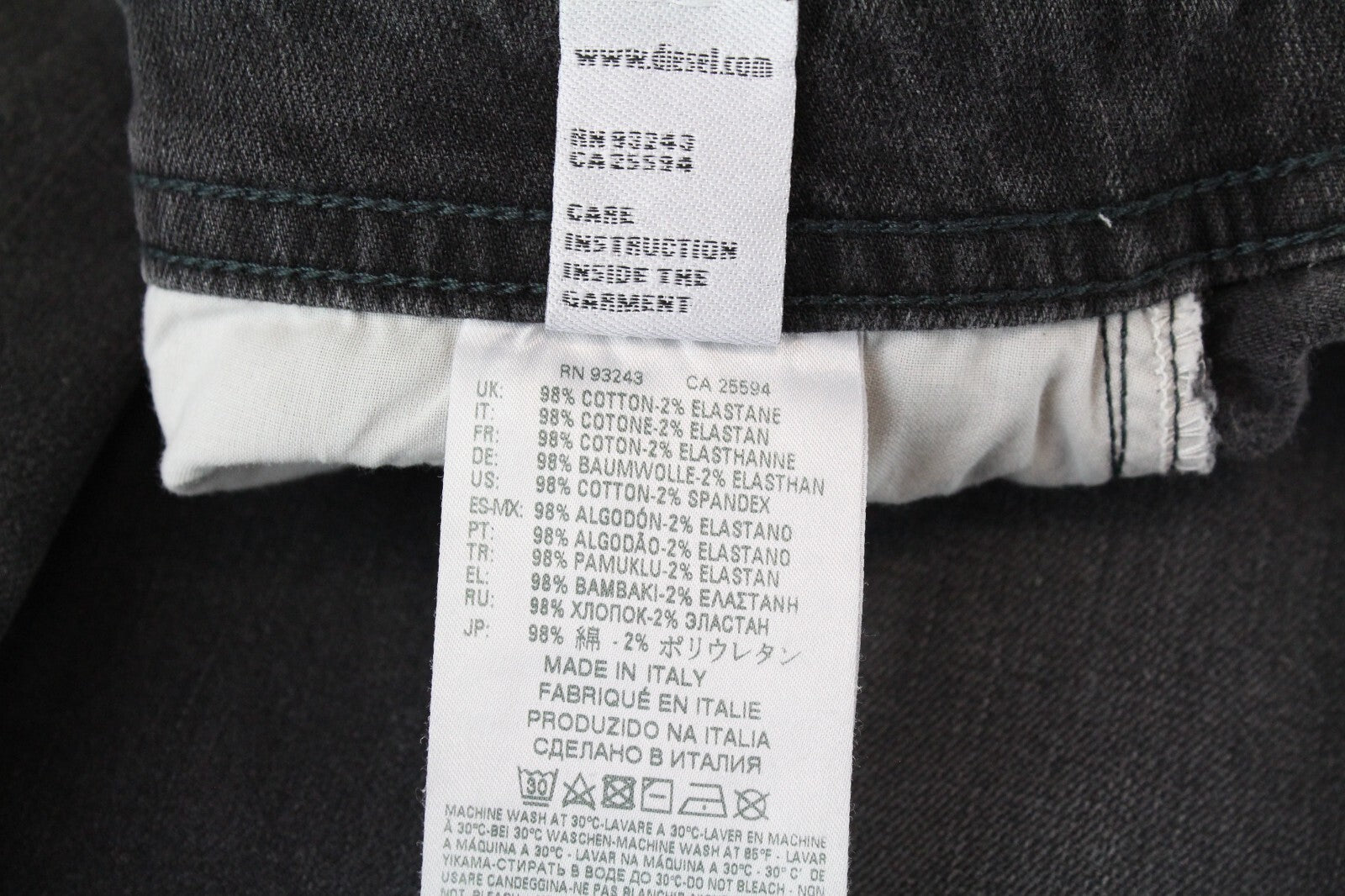 DIESEL Thommer 069BH vyriški džinsai W28/L32 Slim Fit medvilniniai tamprūs džinsai pilki su plėšytais siūlais 