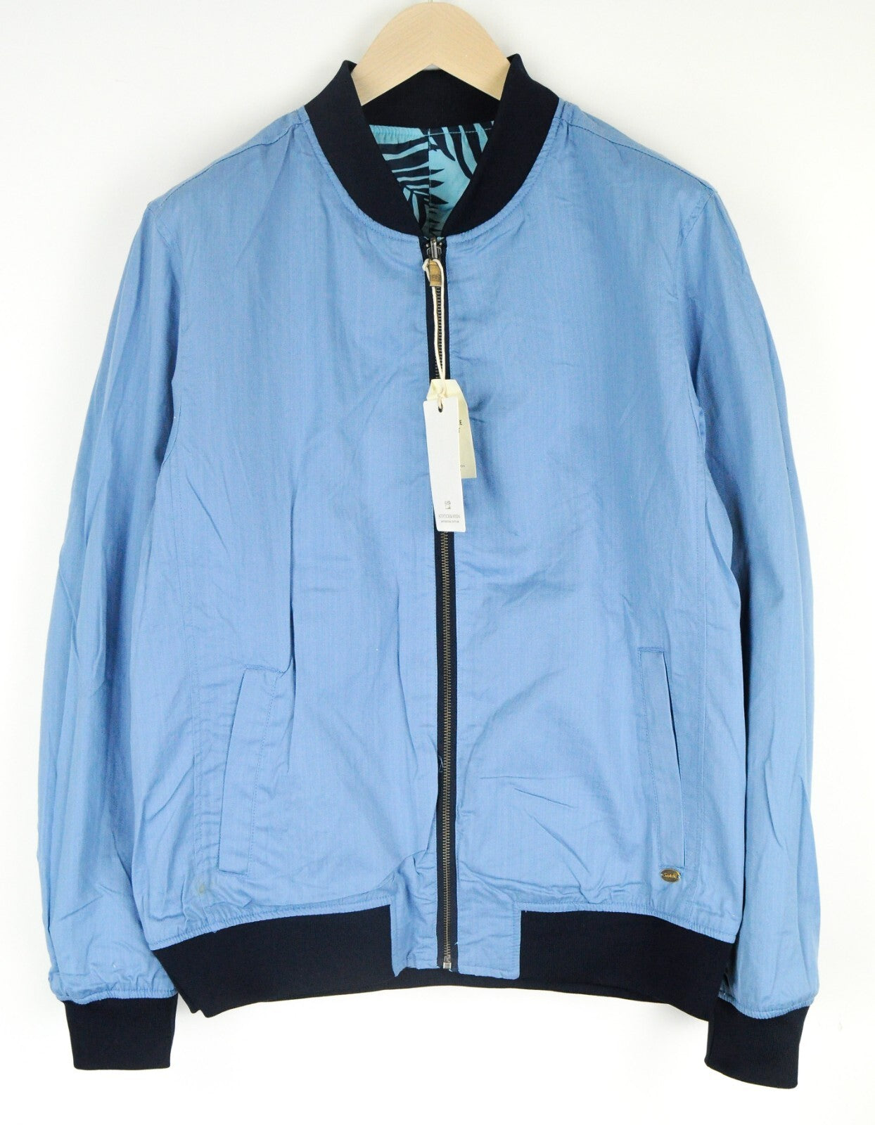 SCOTCH &amp; SODA vyriška lininė medvilninė striukė „Bomber“ su palmių raštu, šviesiai mėlyna, XL dydžio 