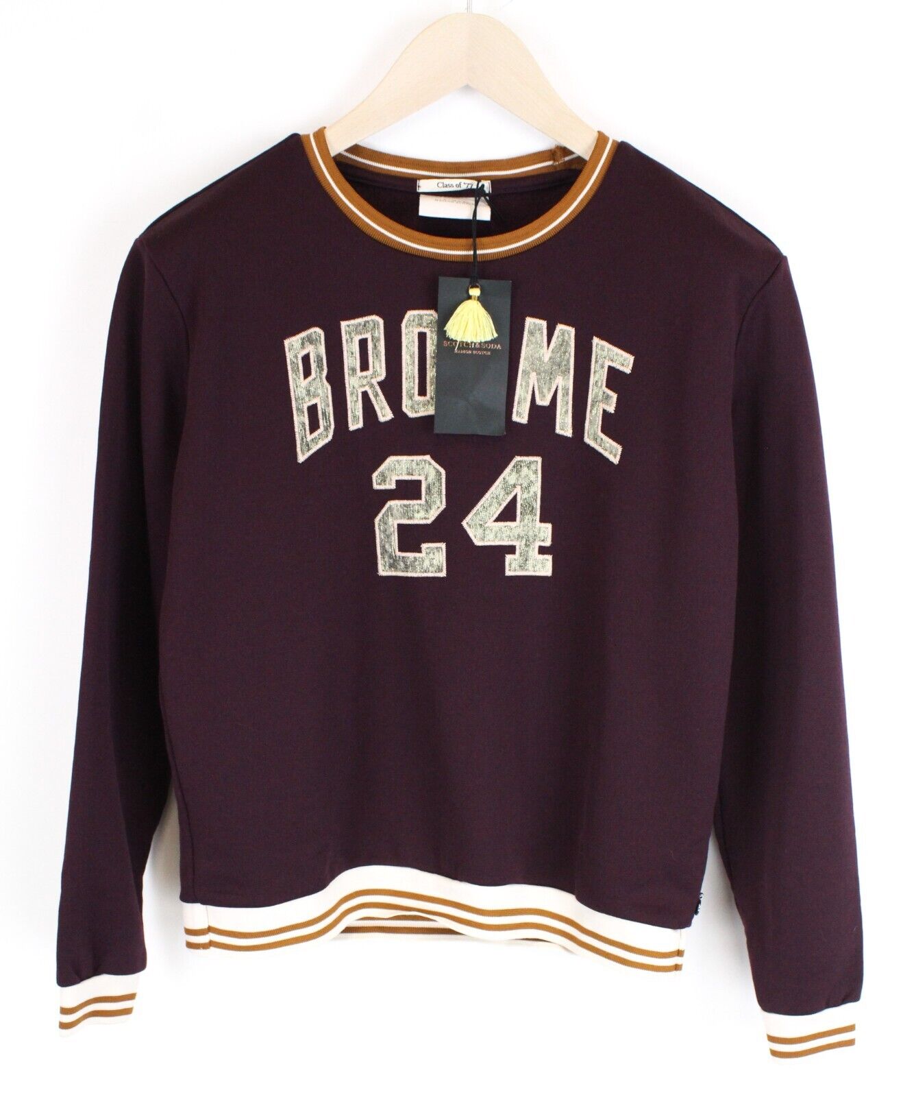 MAISON SCOTCH moteriškas džemperis L dydžio violetinis ilgomis rankovėmis su logotipu ir apvalia kaklo iškirpte 