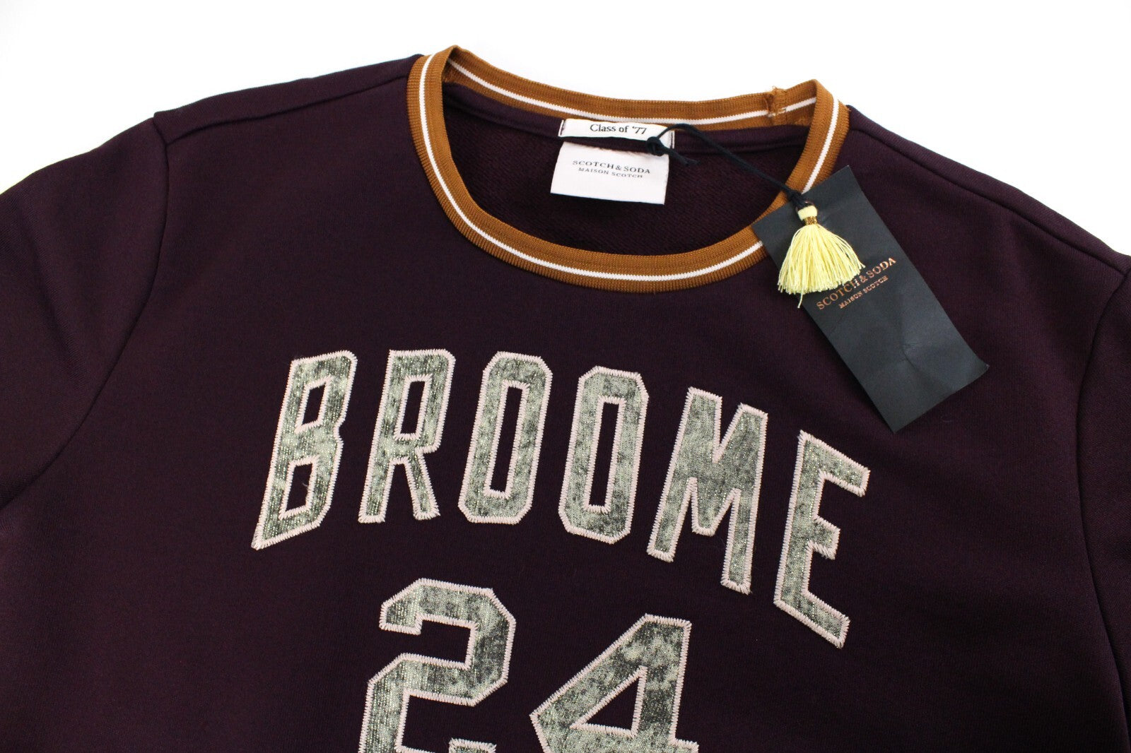 MAISON SCOTCH moteriškas džemperis L dydžio violetinis ilgomis rankovėmis su logotipu ir apvalia kaklo iškirpte 