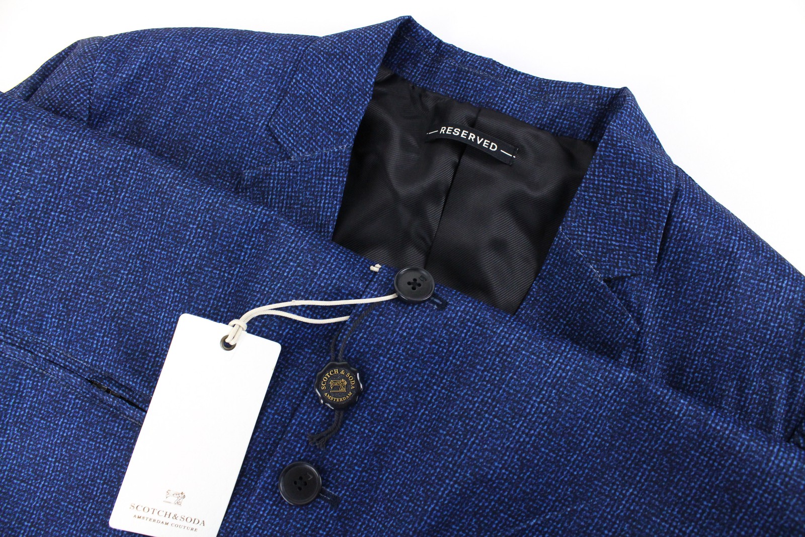 SCOTCH &amp; SODA Ams Couture vyriškas švarkas L dydžio mėlynas raštuotas be pamušalo laisvalaikio stiliaus 