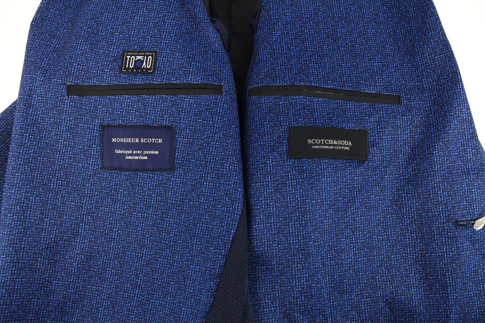 SCOTCH &amp; SODA Ams Couture vyriškas švarkas L dydžio mėlynas raštuotas be pamušalo laisvalaikio stiliaus 