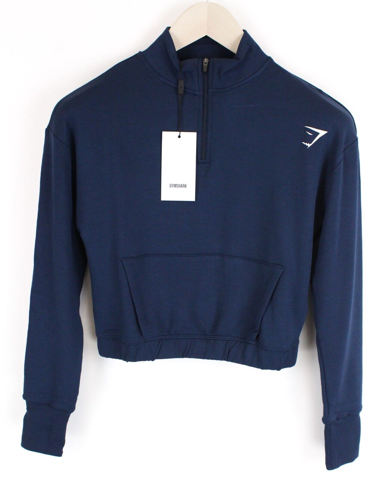 GYMSHARK Pipa moteriškas džemperis XS dydžio, tamsiai mėlynas, ilgomis rankovėmis, trumpintas, tamprus, su užtrauktuku 