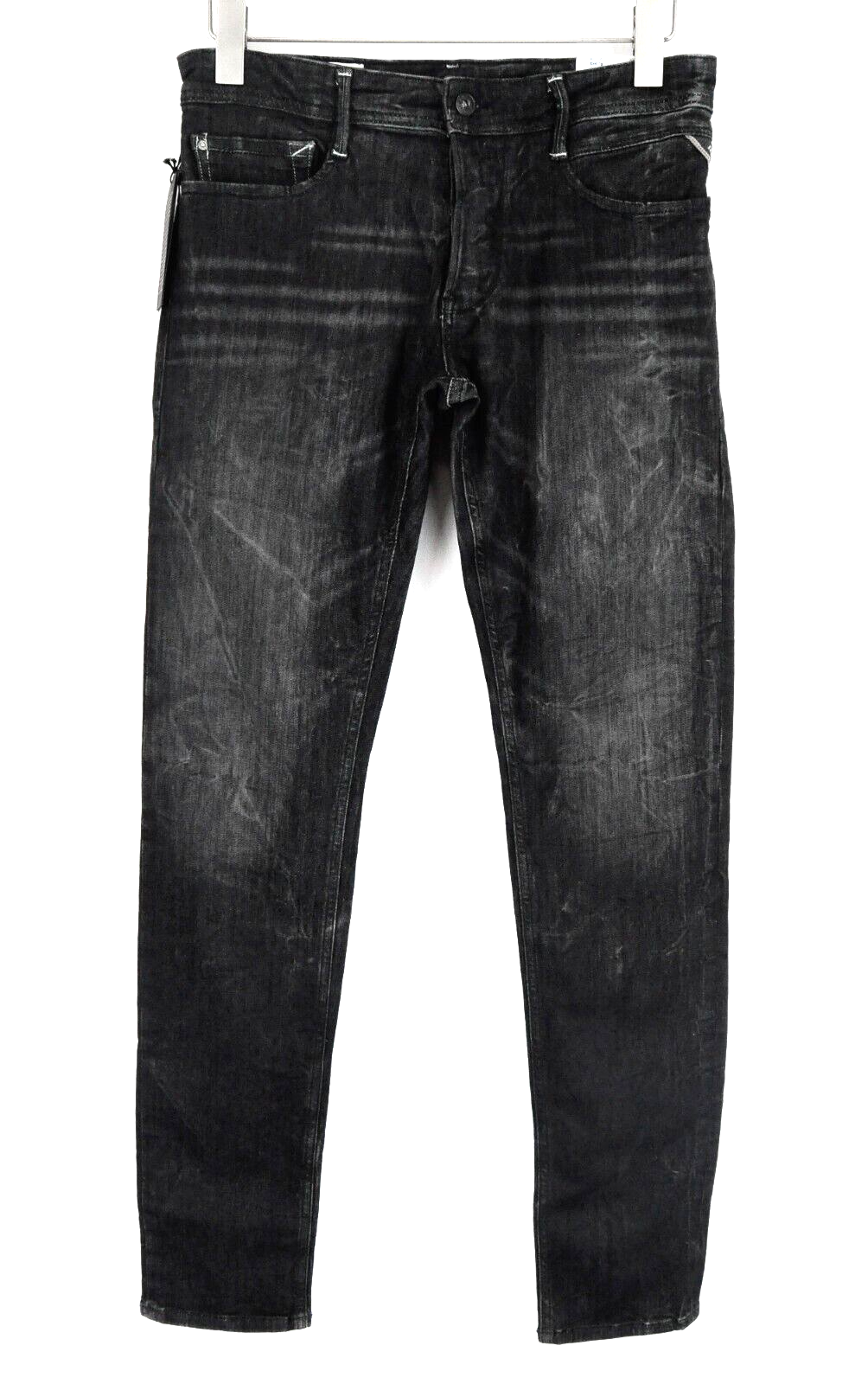 REPLAY Thyber vyriški džinsai W29/L34 Slim Fit tamsiai pilki mėlyni tamprūs skalbti džinsai 