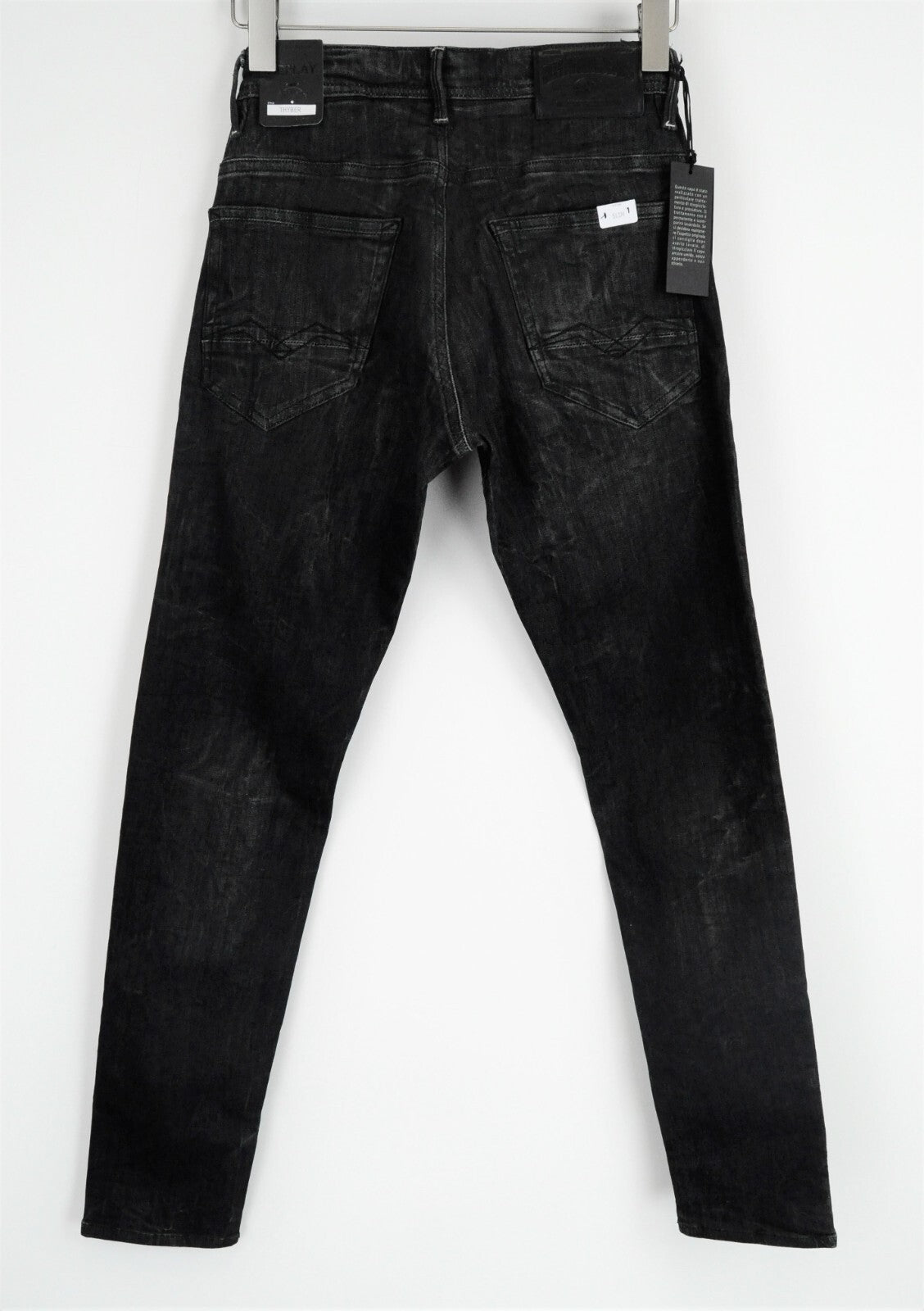 REPLAY Thyber vyriški džinsai W29/L34 Slim Fit tamsiai pilki mėlyni tamprūs skalbti džinsai 