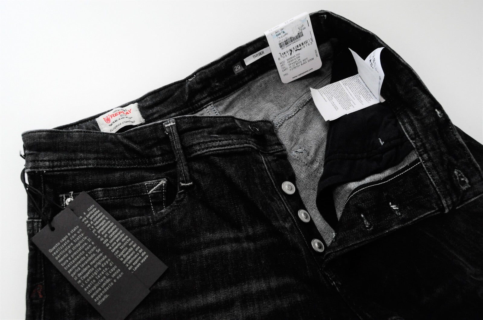 REPLAY Thyber vyriški džinsai W29/L34 Slim Fit tamsiai pilki mėlyni tamprūs skalbti džinsai 