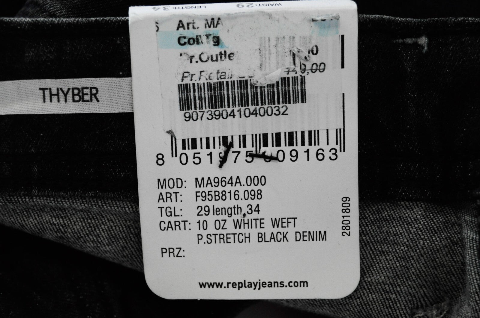 REPLAY Thyber vyriški džinsai W29/L34 Slim Fit tamsiai pilki mėlyni tamprūs skalbti džinsai 