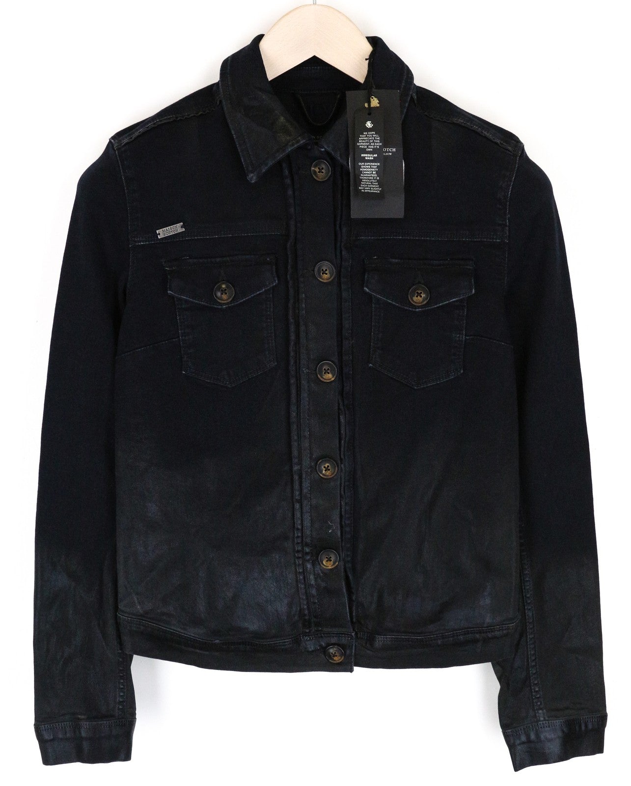 MAISON SCOTCH moteriškas XS dydžio juodas tamprus džinsinis švarkas netaisyklingo dengto audinio 