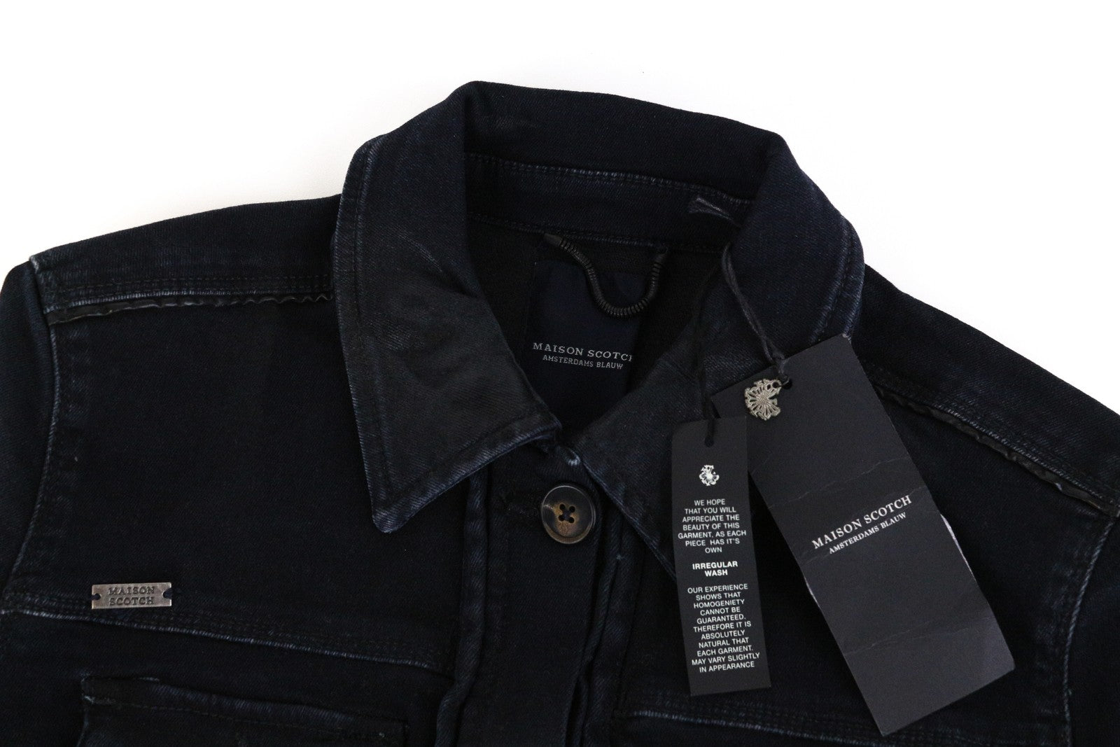 MAISON SCOTCH moteriškas XS dydžio juodas tamprus džinsinis švarkas netaisyklingo dengto audinio 