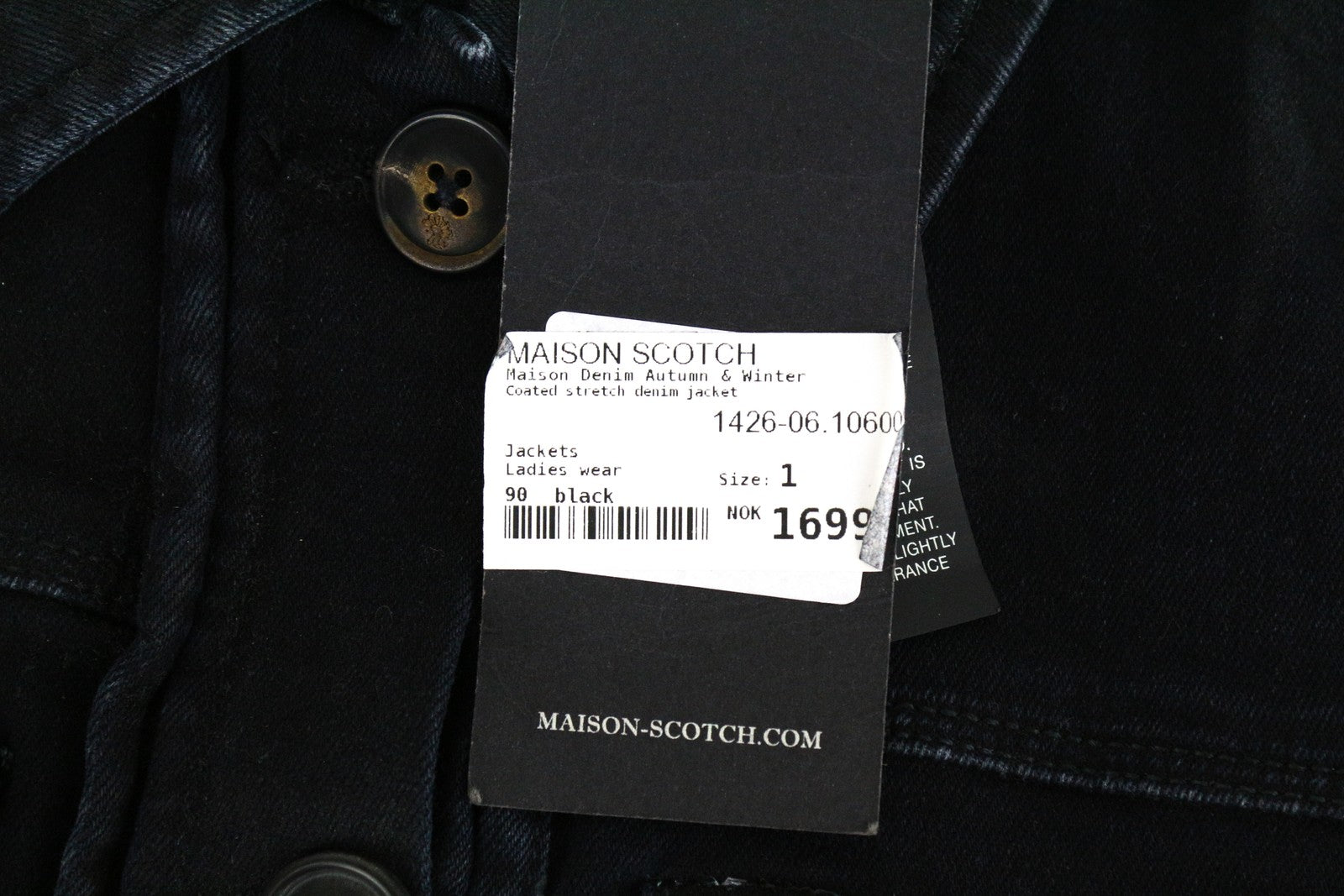 MAISON SCOTCH moteriškas XS dydžio juodas tamprus džinsinis švarkas netaisyklingo dengto audinio 