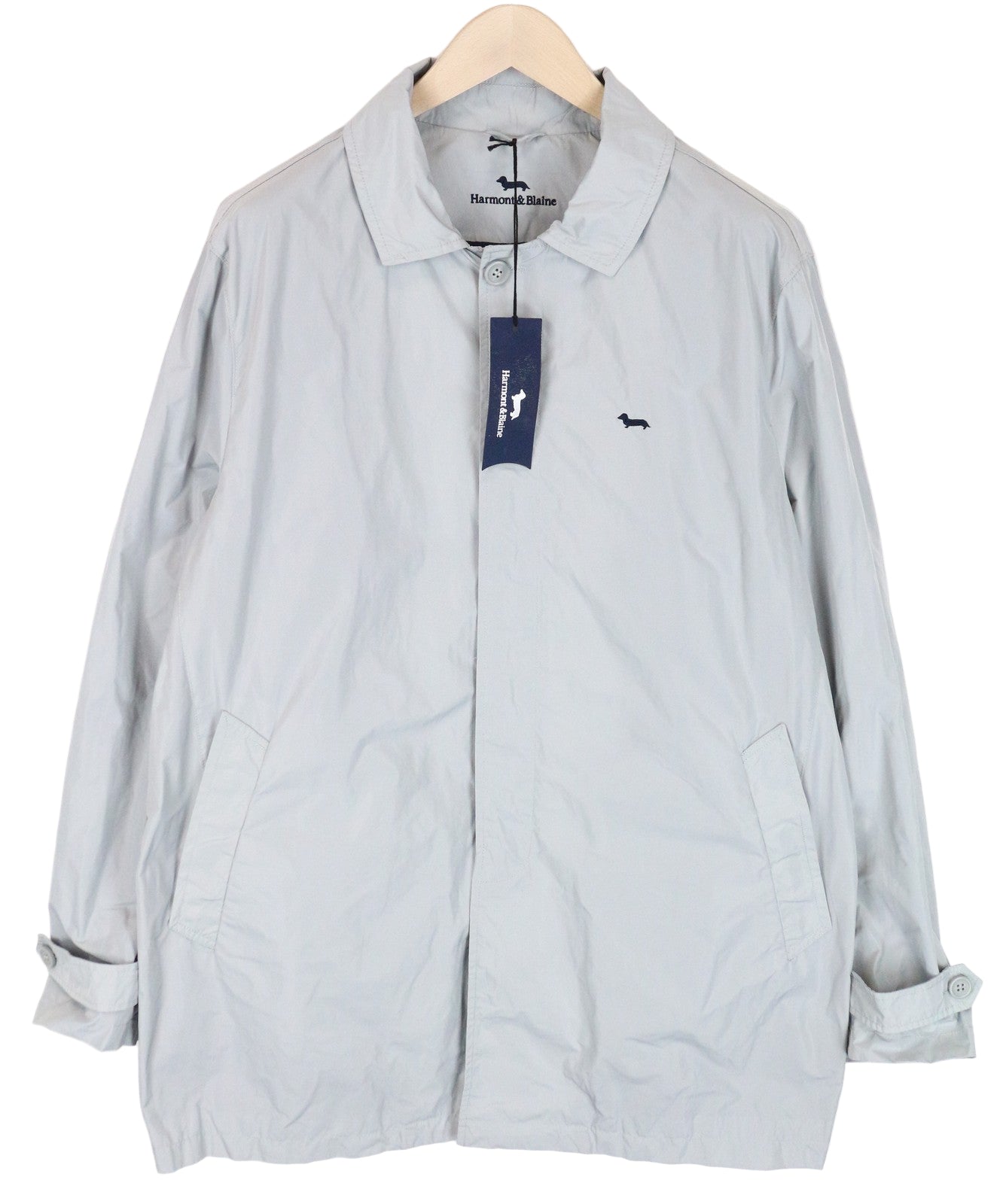 HARMONT &amp; BLAINE XL dydžio pilka vyriška lietpalčio striukė su siuvinėtais raštais, vidutinio ilgio, klasikinio stiliaus 
